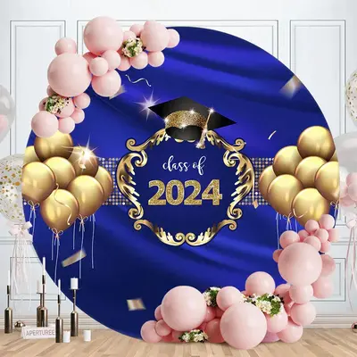 Aperturee Gold Balloons Navy Blue Class Of 2024 Round Backdrop | Diy Graduation Photo Backdrop | Personalized Backdrop For Gr...