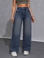 Plain Pocket Straight Leg Jeans, Basic Loose Fit Minimalist Button Fly Oversized Denim Trousers Pants for Streetwear, Baggy J...