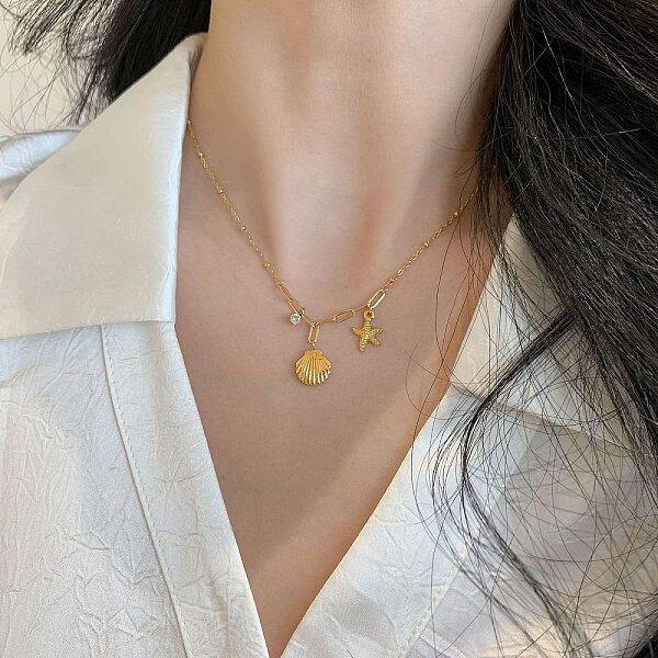 Shell Shape & Starfish 304 Stainless Steel Rhinestone Pendant Necklaces for Women