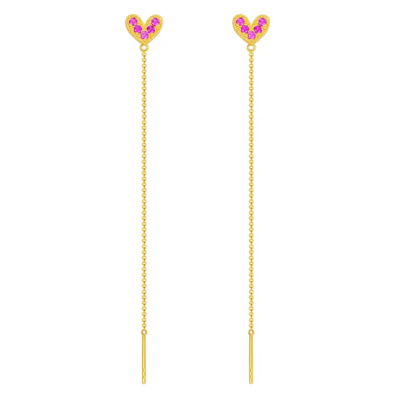 14K Gold Round Zircon Heart Drop Earrings
