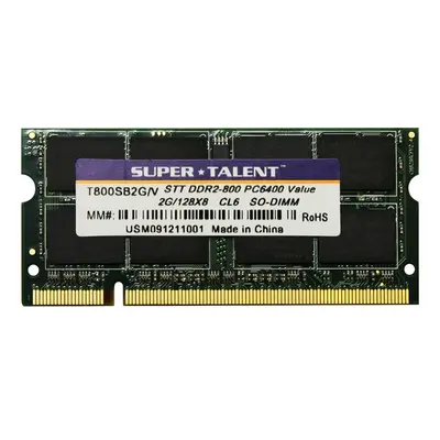 Super Talent T800SB2G/V(SZ) | 2GB DDR2-800MHz PC2-6400 Non-ECC Unbuffered CL6 200-Pin SODIMM 1.8V Dual Rank Memory Module