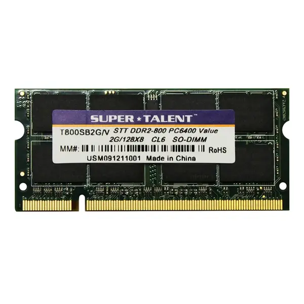 Super Talent T800SB2G/V(SZ) | 2GB DDR2-800MHz PC2-6400 Non-ECC Unbuffered CL6 200-Pin SODIMM 1.8V Dual Rank Memory Module