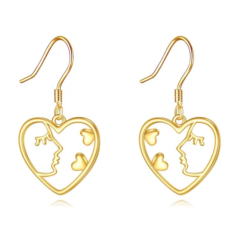 14K Yellow Gold Heart Dangle Lady Face Drop Earrings