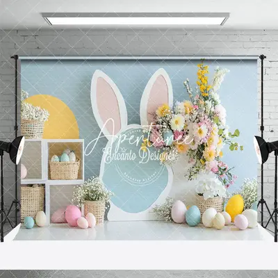 Aperturee Green Wall Bunny Spring Floral Eggs Easter Backdrop, 3X2FT(1MX0.6M), 14 USD, easter backdrops, ENHD3J73-M