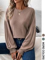 Women's Plain Ribbed Bishop Sleeve Sweater Pullover, Casual Trendy  Shirred Long Sleeve Round Neck Jumper for Spring & Fall, ...