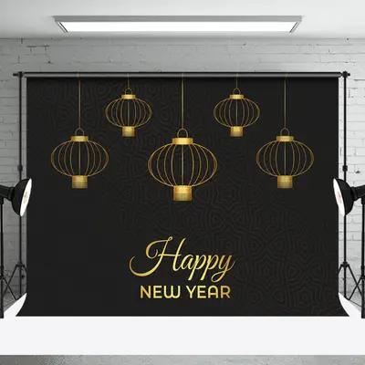Aperturee Golden Hanging Lantern Black Happy New Year Backdrop - Aperturee