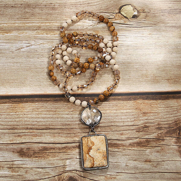 Rectangle & Flat Round Bohemian Style Natural Picture Jasper with Glass Pendant Necklaces