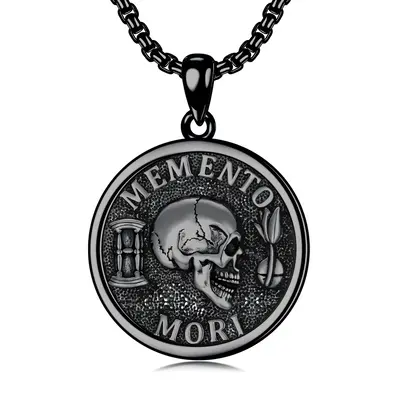 Sterling Silver with Black Color Plated Memento Mori Skull Pendant Necklace for Men