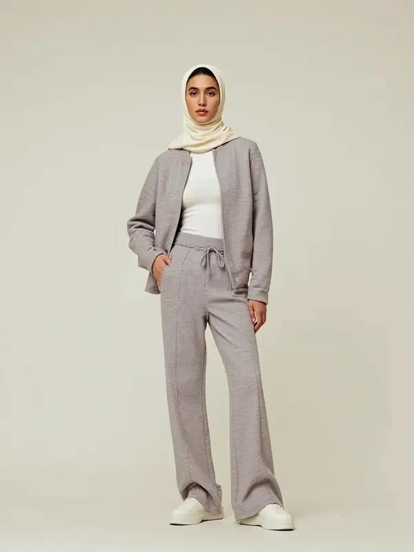 Modest Two-Piece Women's Solid Color Zip Jacket and Drawstring Pocket Pants, Comfortable Breathable Casual for All Seasons