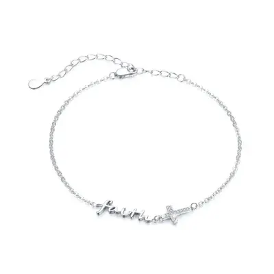 Sterling Silver Cubic Zirconia Cross Charm Bracelet with Engraved Word