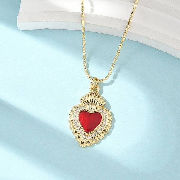 Brass Micro Pave Clear Cubic Zirconia Scared Heart Pendant Necklaces