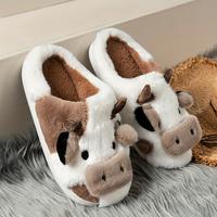Women's Fuzzy Cow Cotton Slippers Portable Animal Slippers For Indoor Outdoor Warmth Lovely In Winter