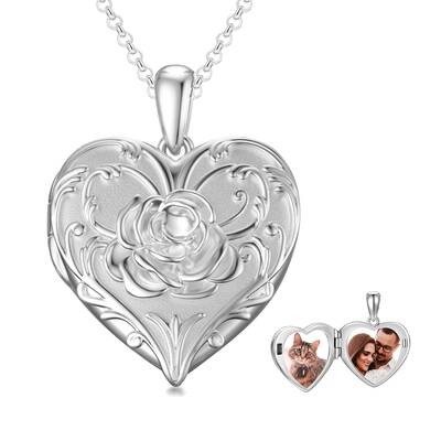 Sterling Silver Rose & Heart Personalized Photo Locket Necklace