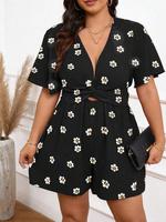 【Plus Size】 Floral Print Rompers, Casual Fashion Short Sleeve Romper for Daily Outdoor Wear, Women's Plus Clothing for Al...