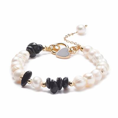 Natural Obsidian & Pearl Beaded Bracelet with Alloy Enamel Heart Charms
