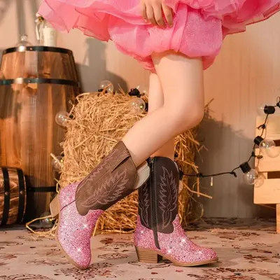 Cowgirl Boots for Little Girls Mid Calf Pointed Toe Kid Cowboy Boots Side Zipper Classic Embroidered Western Boots Horse Ridi...