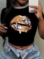 Women's Lip Print Round Neck Tee, Fashion Casual Crew Neck Short Sleeve T-shirt for Daily Holiday Vacation Outdoor Wear, Ladi...