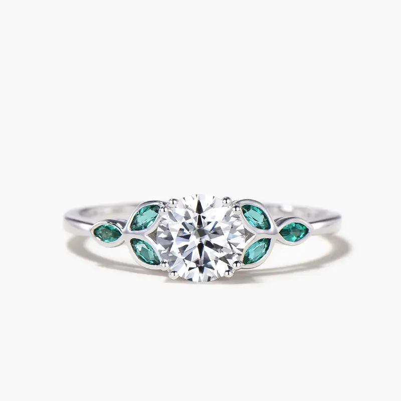 Round Cut Moissanite Engagement Ring Emerald Bezel Settings Wedding Ring