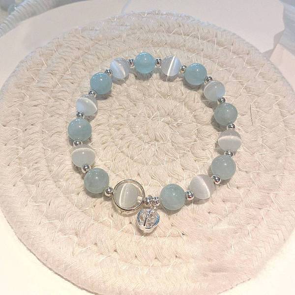Round Alloy & Cat Eye & Natural Aquamarine Round Beaded Charm Bracelets for Women