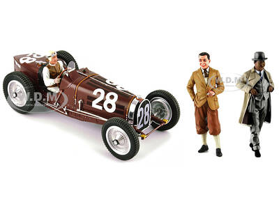 Bugatti T59 #28 Tazio Nuvolari Monaco GP (1934) with Driver Mounted and Etorre Bugatti and Jean Bugatti Figures 1/18 Models b...