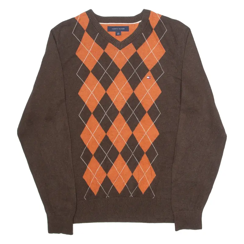 TOMMY HILFIGER Mens Patterned Jumper Brown Argyle V-Neck Tight Knit S