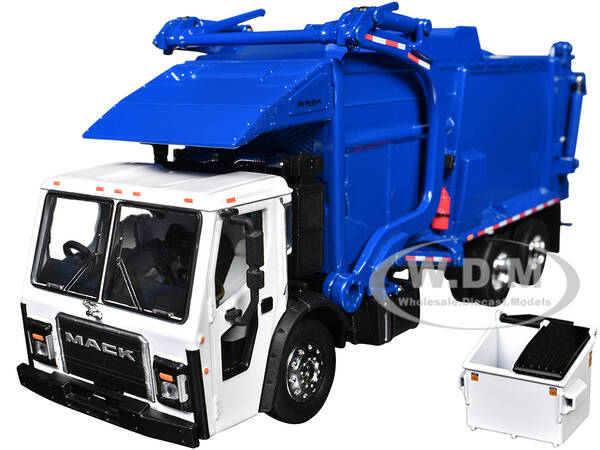 Mack LR Refuse Garbage Truck with McNeilus Meridian Front Loader White and Blue with Trash Bin 1/64 Diecast Model by DCP/Firs...