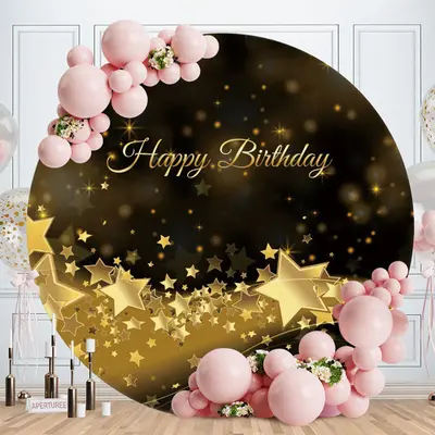 Aperturee Circle Abstract Gold Bar Happy Birthday Backdrop | Round Backdrop Stand Covers | Circle Party Backdrop | Circle Bir...