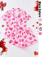 Two-Piece Set Women's All Over Heart Print Lapel Neck Pajama, Cute Casual Comfy Short Sleeve Button Up Top & Elastic Waist Sh...