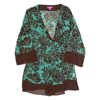 MONSOON Kimono Womens Wrap Blouse Brown V-Neck 3/4 Sleeve Silk Floral UK 12