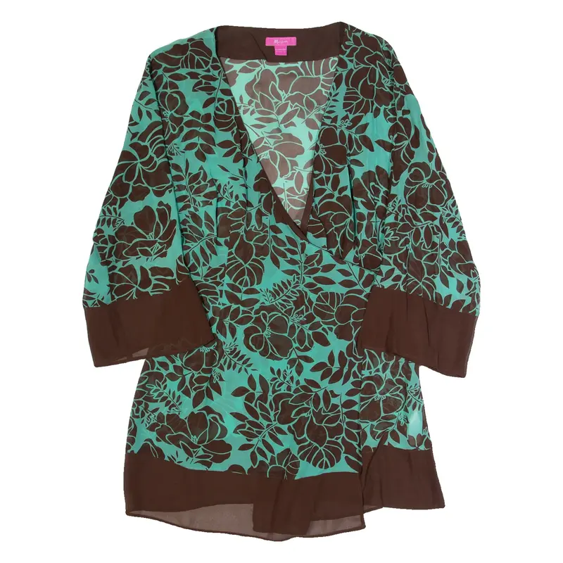 MONSOON Kimono Womens Wrap Blouse Brown V-Neck 3/4 Sleeve Silk Floral UK 12