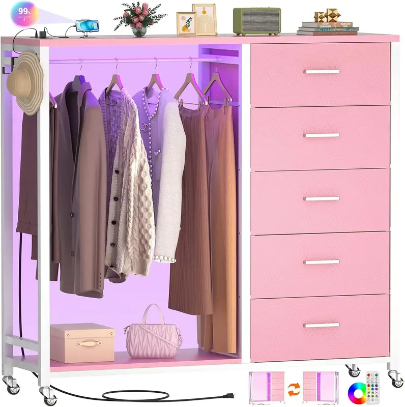 5-Drawer LED Dresser with  Clothes Rack, Multifunctional Storage for Bedroom & Living Room,Magic LED Lighting, Easy-Move Furn...