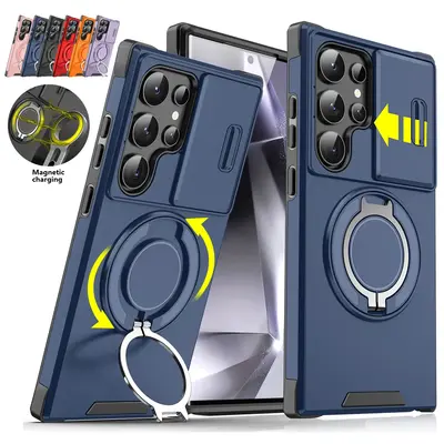Shockproof Magnetic Case for Samsung Galaxy S25/S24/S23/S22/S21 Ultra/Plus with Slide Camera Lens Protector & Rotating Ring H...