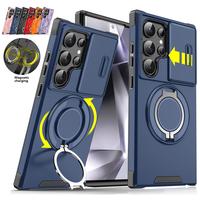 Shockproof Magnetic Case for Samsung Galaxy S25/S24/S23/S22/S21 Ultra/Plus with Slide Camera Lens Protector & Rotating Ring H...