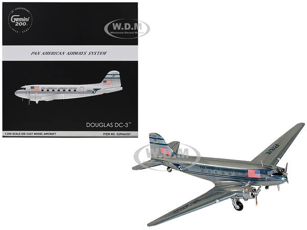 Douglas DC-3 Commercial Aircraft Pan American Airways (NC33611) Polished Metal Finish Gemini 200 Series 1/200 Diecast Model A...