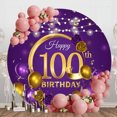 Purple Golden Balloon Round 100th Birthday Backdrop - Aperturee