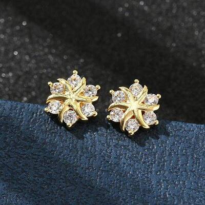 Flower Brass Micro Pave Clear Cubic Zirconin Stud Earrings