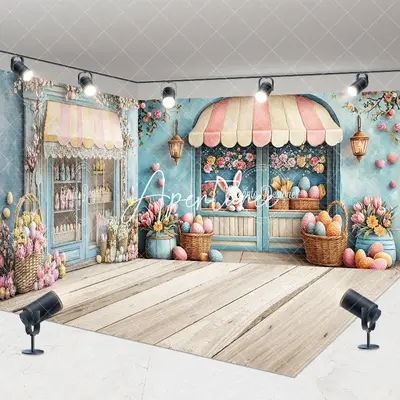 Aperturee Green Store Floral Bunny Egg Easter Room Set Backdrop, 7 x 7 ft / 10 x 7 ft / 10 x 7 ft, 247.5 USD, room set backdr...