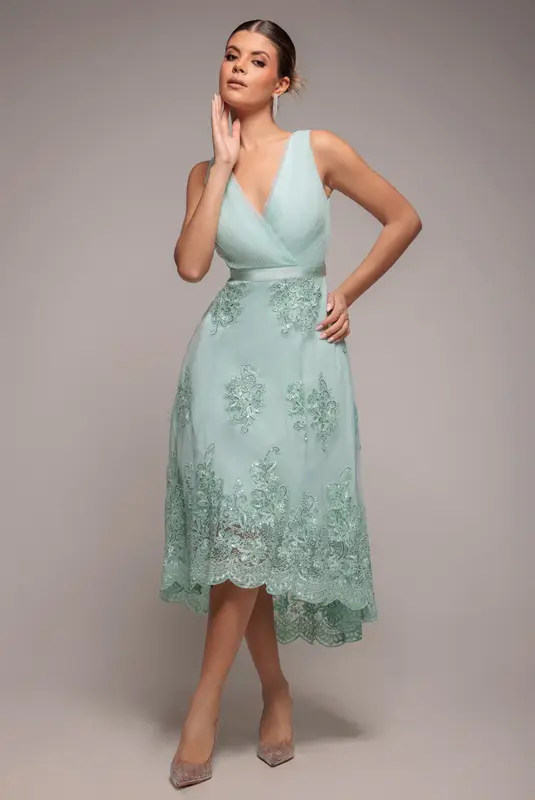 Goddiva Pleated Satin Bodice High And Low Dress - Sage Green