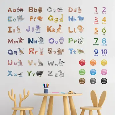 Alphabet & Animal Pattern Wall Decal, ABC Letter & Number Print Wall Sticker For Classroom, Nursery, Kids Bedroom