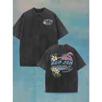 Men's Vintage Washed High Quality Round Neck Short Sleeved Shirt with Beach Carnival Flamingo Double Sided Print T-shirt