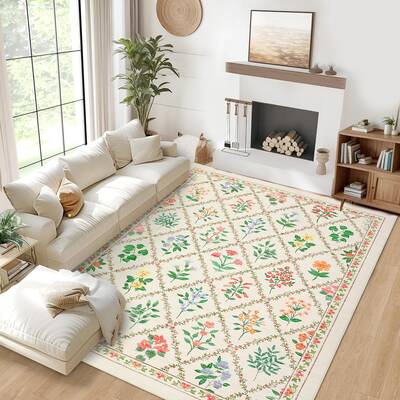 Garvee Washable Area Rug 8x10 Floral Trellis Pattern Non-Slip Stain Resistant 100% Polyester Farmhouse Living Room Bedroom Di...