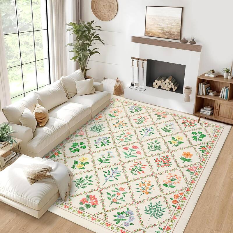 Garvee Washable Area Rug 8x10 Floral Trellis Pattern Non-Slip Stain Resistant 100% Polyester Farmhouse Living Room Bedroom Di...