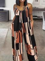 【Plus Size】 All Over Print Backless Wide Leg Jumpsuit, Casual Fit Scoop Neck Sleeveless Jumpsuit for Beach Holiday,Back-...