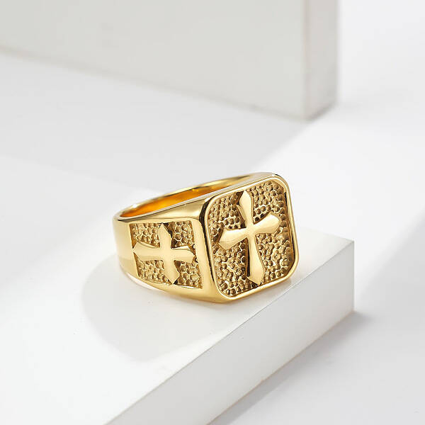 Square with Cross Pattern 304 Stainless Steel Finger Rings for Men