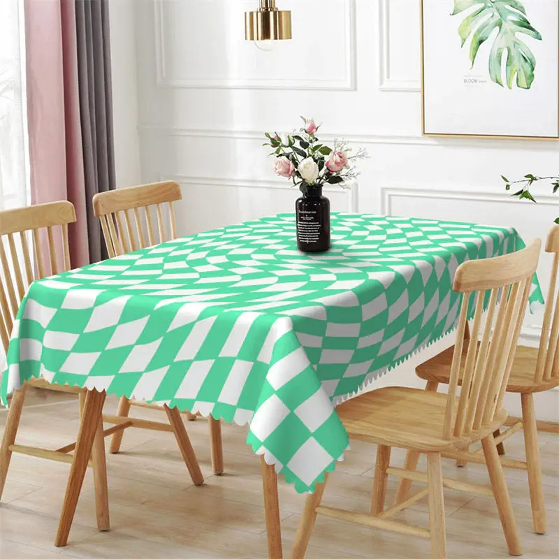 Green White Deformed Plaid Rectangle Tablecloth - Aperturee