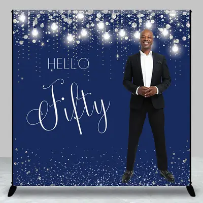 Navy Blue Silver Custom 50th Birthday Photo Backdrop - Aperturee