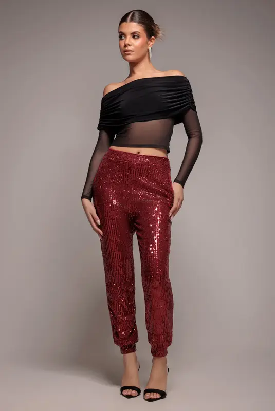 Goddiva Sequin Cuffed Ankle Pant - Wine