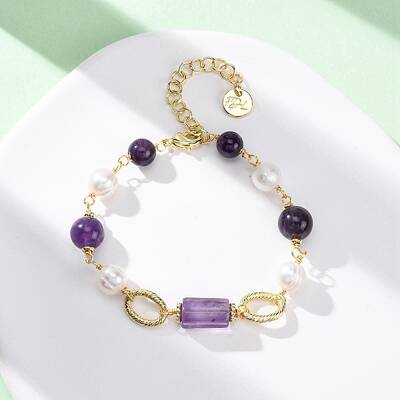 Natural Amethyst & Pearl Round Beads Link Bracelets for Women