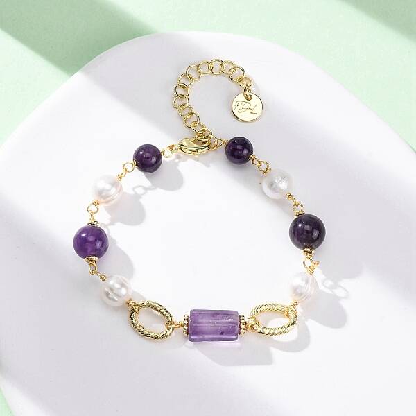 Natural Amethyst & Pearl Round Beads Link Bracelets for Women