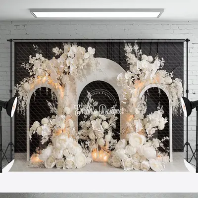 Black Wall White Art Floral Arch Wedding Backdrop - Aperturee